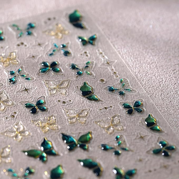 Butterfly Nail Stickers for Acrylic,5D Embossed Nail Art Stickers Self Adhesive Green Butterfly Nails Decals Gold Edge Butterflies Nails Supplies Crystal Jelly Designs for Women Spring Manicure