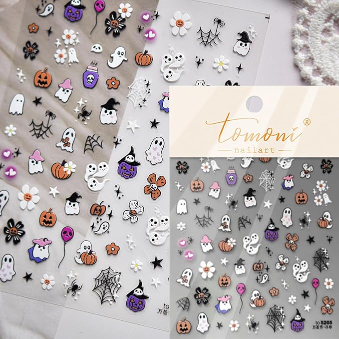 5D Embossed Halloween Nail Art Stickers Cute Ghost Nail Decals Self-Adhesive Pumpkin Skull Flower Spider Web Nails Design Stickers Halloween Nails Supplies for Women Holiday Manicure Decorations