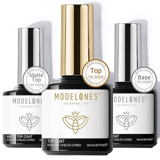 modelones Gel Top Coat Base Coat for Gel Nail Polish 3 Pcs, Chrome Proof Matte Top Coat Clear No Wipe Shiny Top Coat Long Lasting High Gloss & Velvet Matte DIY Home Fall Manicure Gift for Women