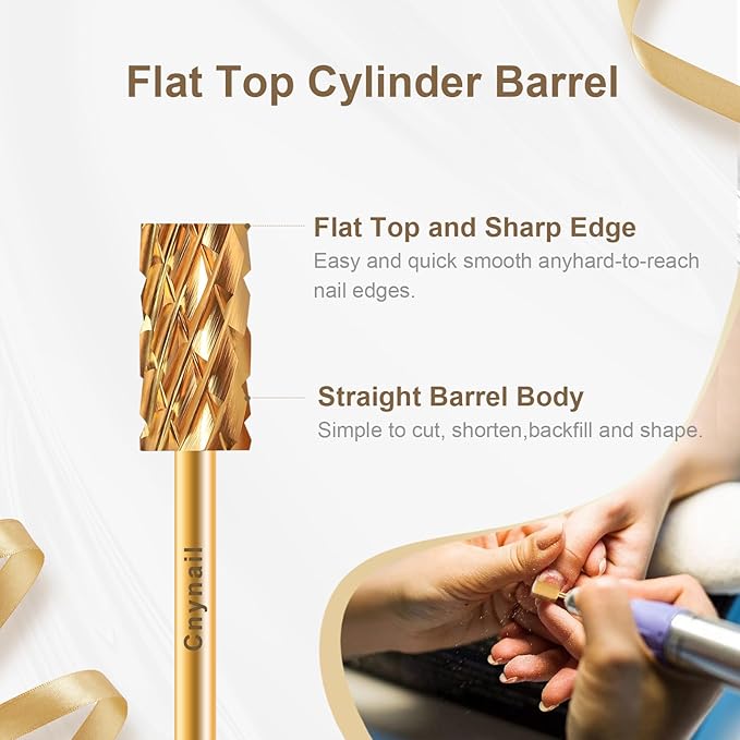 3/32" Large Barrel Flat Top Tungsten Carbide Nail Drill Bit Safety Bit for Gel & Acrylic Removal, Right-Way Rotating Efile Tip, Salon Electric File Accessory (5XC Grit, Gold)