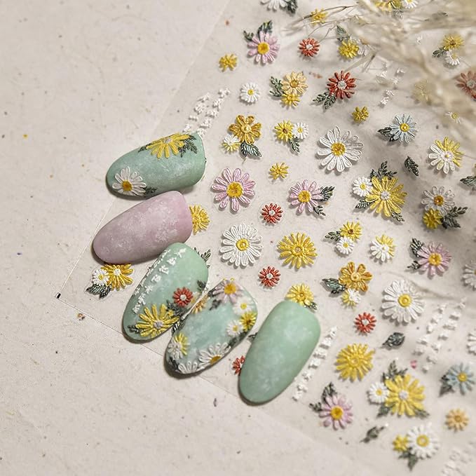 Colorful Daisy Nail Art Stickers 5D Embossed Daisy Nail Stickers Self Adhesive Cute Flower Nails Decals White Floral Design Sticker Spring Summer Nails Supplies for Women DIY Manicure