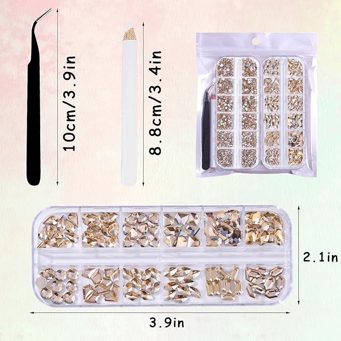 3120 Champagne Diamond Nail Rhinestones, HOINCO Crystal Nail Rhinestones, 3D Mixed Size Crystal AB Flat Bottom Gemstone for Nail Art DIY Craft Decoration with Crayon Tweezers