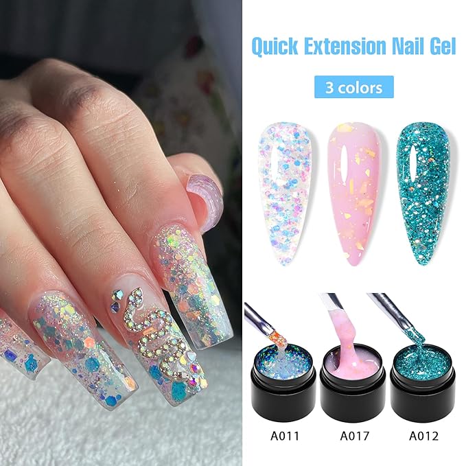 MEET ACROSS Poly Nail Gel 8Pcs Nail Extension Gel Set and Nail Extension Starter Kit for Beginners Nail Art DIY Home Gifts for Women (Glitter + Gold Foil, 8pcs)