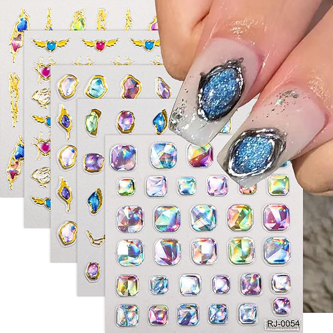 5D Gem Nail Art Sticker Decals Self Adhesive Crystal Rhinestone Embossed Nail Stickers Gem Design 5 Sheet