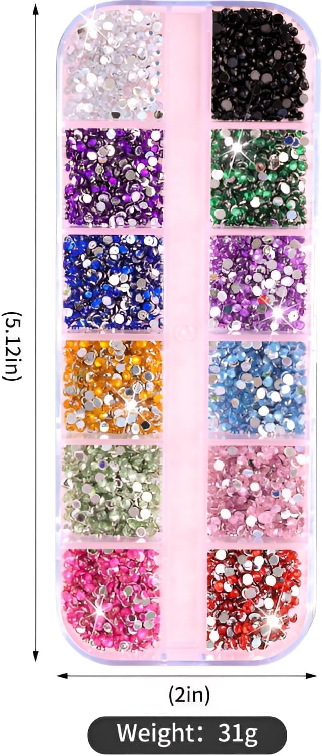 24 Grid Colorful Nail Charms 3D Flat Back Nail Rhinestone Half Round Pearl Nail Art Charms and Gems Kits Colorful Rhinestones for Crafting DIY Nail Art Makeup Decoration
