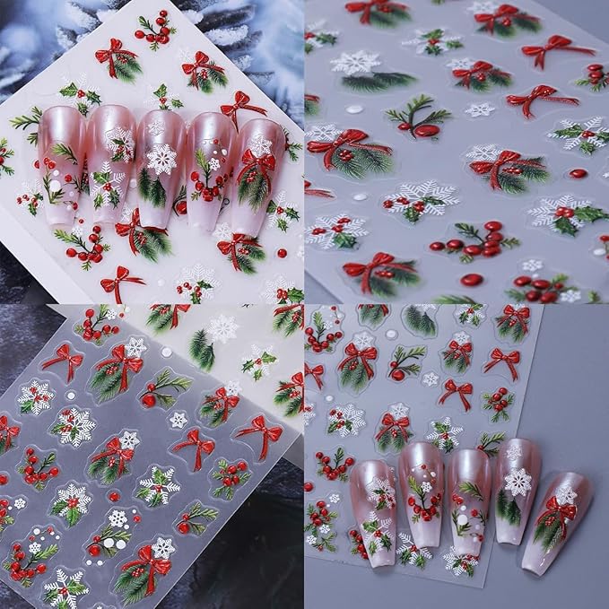 4 Sheets Green Christmas Nail Art Stickers 5D Micro Relief Holly Leaf Bow Nail Decals Winter Xmas Red Bow Holly Nail Stickers White Snowflake Nail Supplies for Women Holiday New Year Charms Nail Decor