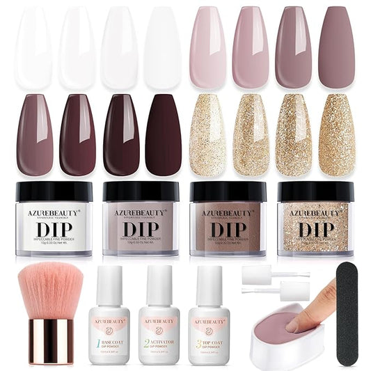 AZUREBEAUTY Dip Powder Nail Starter Kit White Mauve Glitter Champagne, Dipping Powder 4 Colors Set, French Nail Art Base Top Coat Activator Liquid Manicure DIY Salon 12 PCS