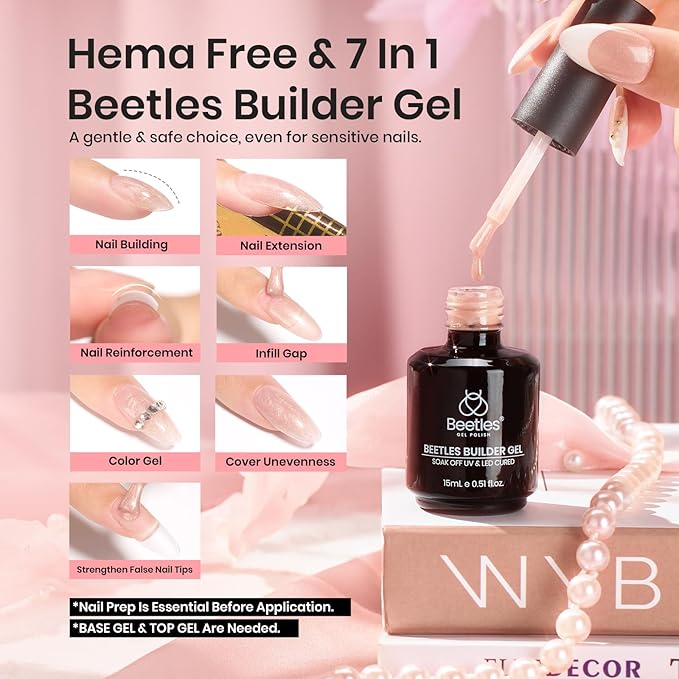 Beetles Builder Gel for Nails HEMA Free-Twilight Gilding Glitter 0.5 oz 7 in 1 Nail Thickening Strengthening Building Apex for Beginner DIY Salon at Home,Nude Builder Nail Gel, UV & LED Lamp Needed