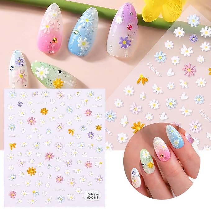 Nail Art Stickers Decals 5D Embossed Flower,Nail Decals Spring Summer Daisy Nail Art Design Self-Adhesive,Nail Accessories for Women Nail DIY Decoration