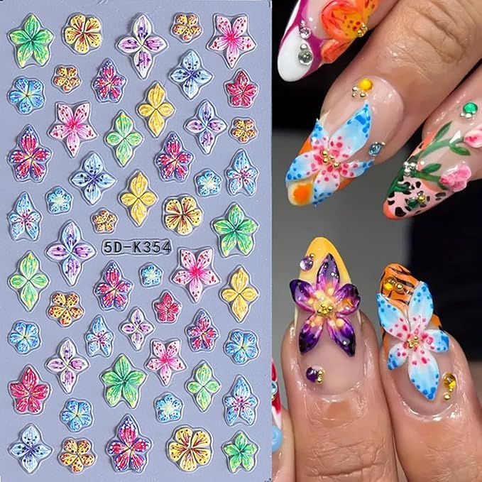 3 Sheets Colorful Flower Nail Stickers, Summer Embossed Lily Nail Decals, 5D Self-Adhesive Nail Design Stickers for Daily Festival DIY Spring Summer Floral Manicure Decoration Supplies