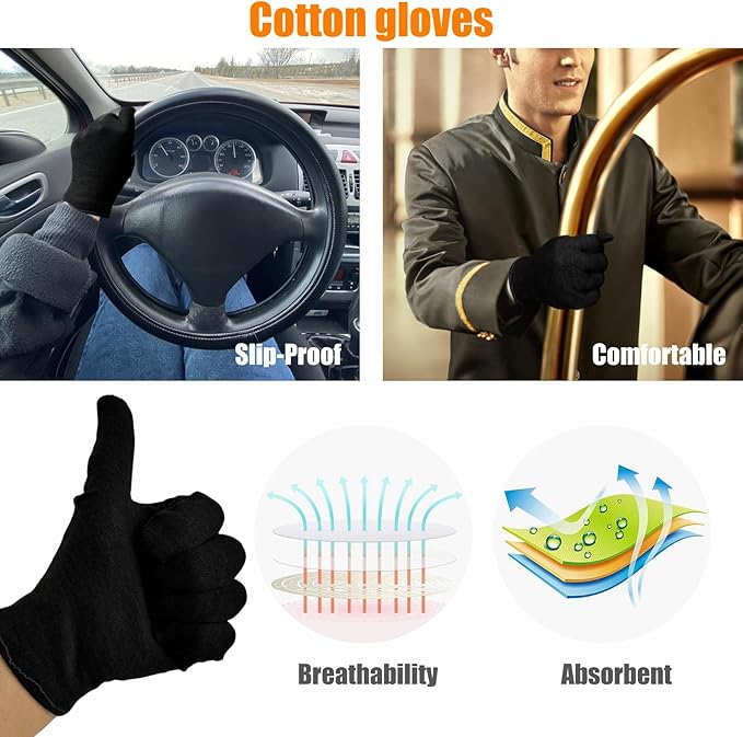 1 Pair(2Pcs) Cotton Gloves for Eczema and Dry Hands, Moisturizing Gloves, Work Gloves for Men, Women, SPA, Jewelry Inspection (Black, 1 Pair)