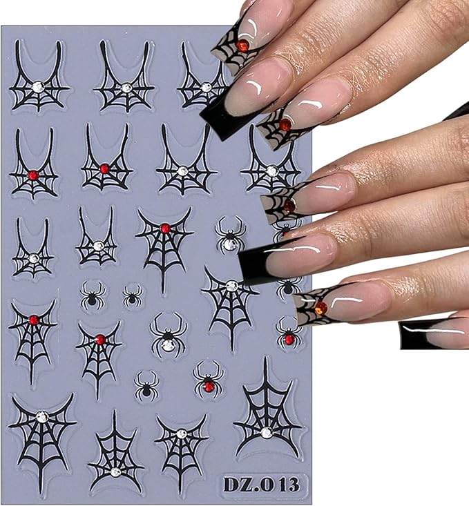 5 Sheets 5D Embossed Halloween Nail Art Stickers Self-Adhesive French Tip Spider Web Nail Decals Laser Gold Silver Black Rhinestones Spider Nail Designs Stickers Holiday Nails Decoration for Women DIY