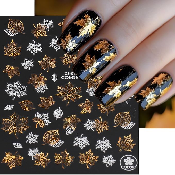 9Pcs Fall Nail Art Stickers Glitter Maple Leaf Nails Decals 3D Bronzing Ginkgo Squirrel Butterfly Flower Nails Design Sticker Autumn Thanksgiving Gold Nail Stickers Supplies for Women Manicure Decor