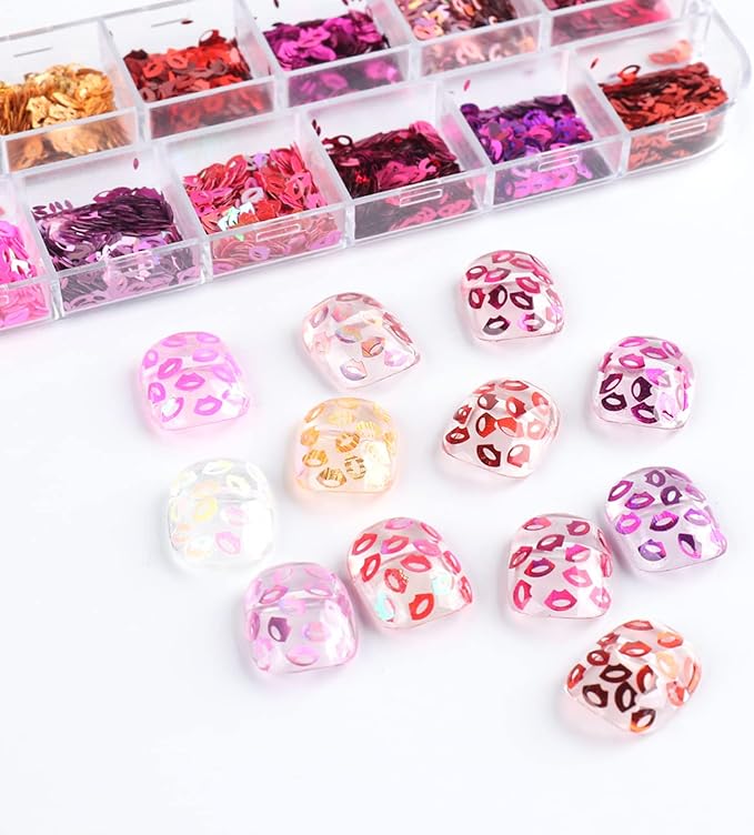 Lips Glitter Nail Art Sequins, 3D Sparkly Mouth Shaple Nail Flakes Designs, 12 Colors Sexy Lips Nail Glitters Supplies for Women Girls Manicure Powder Charms Decorations, DIY Shiny Nail Art Tips