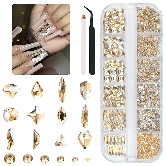 2052Pcs Champagne Gold Nail Rhinestones 72 Multi Shapes Golden Rhinestones for Nails Flatback Nail Gems +1980 K9 Glass Round Beads Stones Diamonds Nail Charms Art for Nails Faces Eyes Crafts