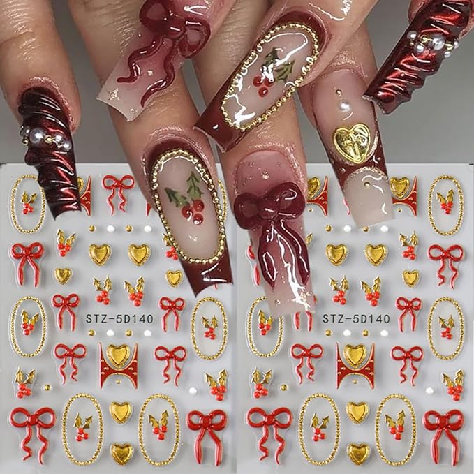 2Sheets Christmas Nail Art Stickers 5D Embossed Winter Nails Decals French Nail Stickers for Nail Art Self Adhesive Red Gold Heart Bow Design Christmas Sticker for Women Holiday DIY Manicure Supplies