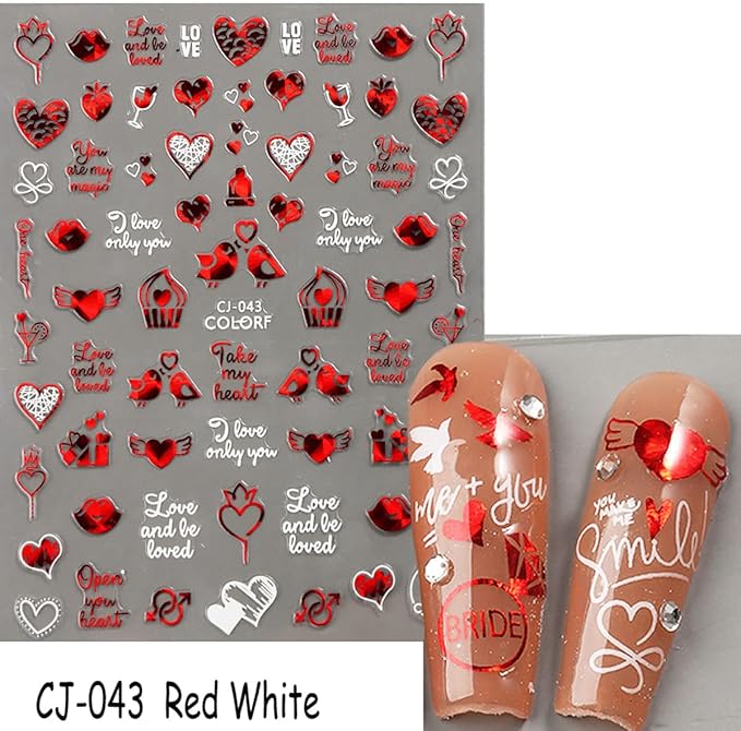 Valentines Day Nail Art Stickers Decal Red Heart Nail Sticker Valentines Nail Decorations 3D Self-Adhesive Red White Rose Love Heart Lip Nail Design for Acylic Nail Manicure Decor 6sheets