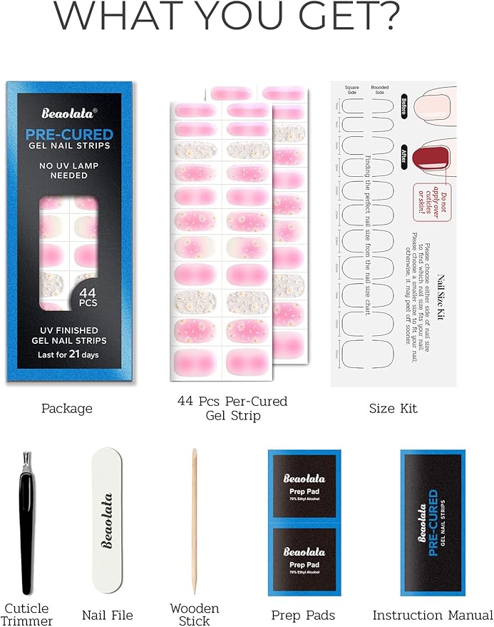 Pre Cured Gel Nail Strips - 44PCS Salon Quality Gel Nail Stickers - Long Lasting Polish Wraps for Women no UV Light Needed Easy Apply& Remove (PetalPink)