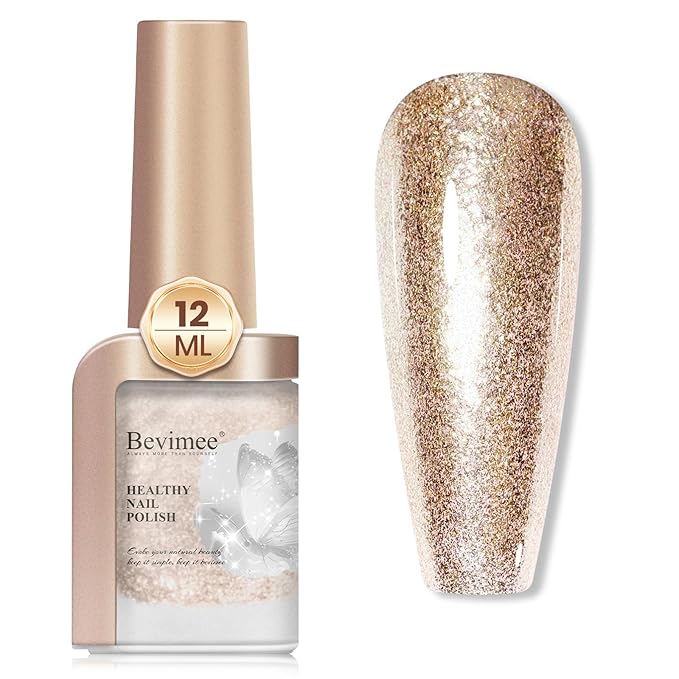 Glitter Nail Polish Quick Dry 12ML, Shimmer Champagne Gold Glitter Nail Polish Sparkly Shine nail polish Holographic Varnish Nail Lacquer Natural Nail Art for Beginner-1PC