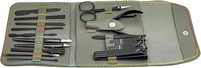 Nail Clipper Set, 16PCS Manicure Set Fingernail Clippers Kit Black Stainless Steel Pedicure and Manicure Kit with Grey PU Leather Case