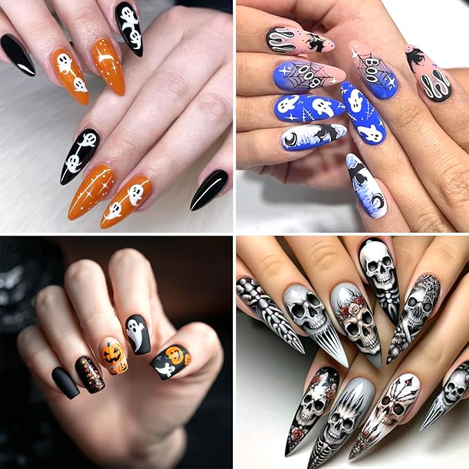 3Sheets Halloween Nail Art Stickers 3D Self-Adhesive Skeleton Hand Bones Nail Decals for Acrylic Nails Cute Ghost Flowers Designs Nail Stickers Pumpkin Bat Nail Decal for Women Nails Decor Supplies