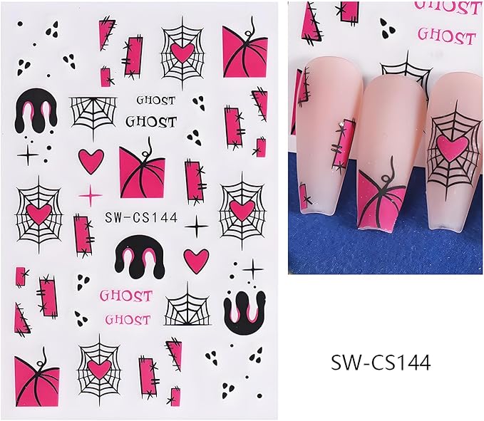 Halloween Nail Art Stickers, Spider Web Nail Art Decals 3D Self-Adhesive Pumpkin Cute Pink Heart Spider Web Nail Design 4Pcs Halloween Nail Art Supplies for Women Nail Decoration