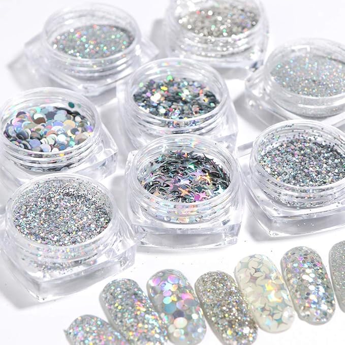Holographic Nail Art Glitters Sequins 3D Flakes Supplies - Shiny Silver Acrylic Powder Dust Confetti Sparkle for Decoration Manicure Accessories - 8 Boxes