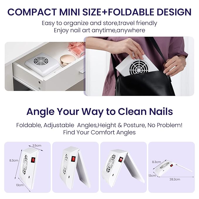 Mini Rechargeable Nail Dust Collector for Personal Use at Home，cordless Small Quiet Vacuum Nail Fan Dust Collector Vent for Nail Art, Foldable Design, 2 Filter Bags