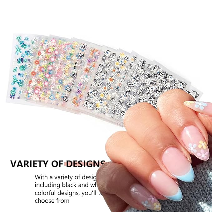 30 Sheets Flowers Nail Art Stickers Cute Daisy Floral Design Decals 3D Self-Adhesive White Black Colorful Flower Nail Stickers Decoration‌ for Women Girls Acrylic Nail Supplies Accessories