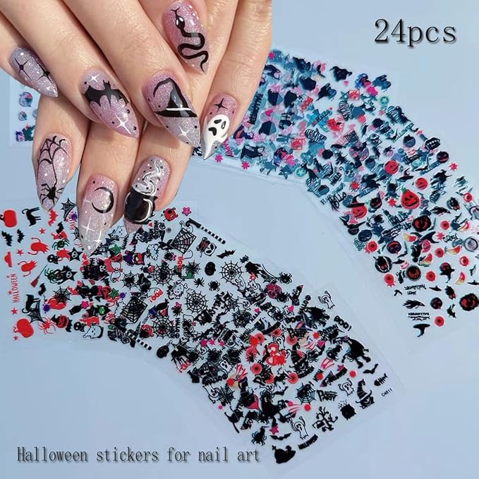 24Pcs/Set Small Halloween Nail Art Sticker, 3D Self-Adhesive Scary Ghost Skull Clown Witch Cat Pumpkin Spider Web Nail Stickers with Design Cute Halloween Nail Decals for Women