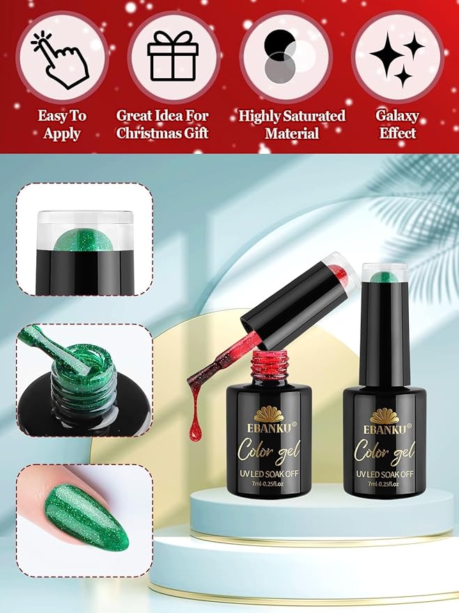 EBANKU Gel Nail Polish Kit, 12 Colors Gel Polish Kit Red Green Gel Polish Glitter Blue Silver Gel Polish Set Christmas Nail Polish Kit DIY Manicure Set For Holiday Nail Art Decoration