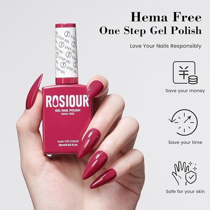 HEMA and TPO Free Red Gel Nail Polish, 18 ML Plum Red One Step Gel Nail Polish 3-in-1, No Need Base and Top Coat Easy DIY Nail Art, Soak Off U V Gel Polish for Women Girl Nail Lovers