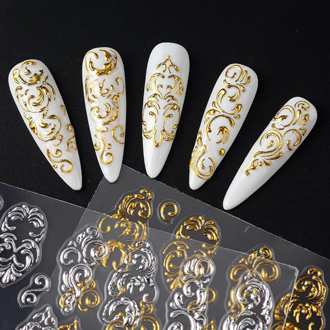 3Sheets Flower Pattern Nail Art Stickers 5D Embossed Gold Silver Flowers Vine Designs Nail Decals Self-Adhesive Rose Gold Floral Texture Nail Sticker Spring Summer Nails Supplies for Women Nails Decor