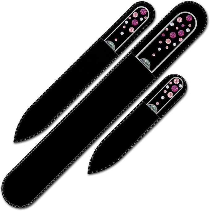 Mont Bleu Set of 3 Glass Nail Files Hand Decorated with Crystals - Handmade - Czech Tempered Glass