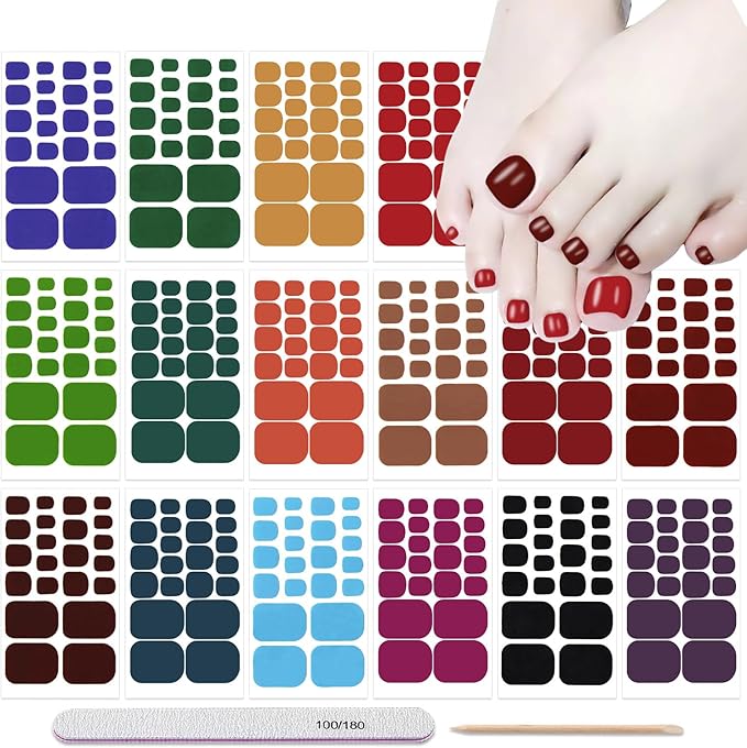 DANNEASY 16 Sheets Toe Nail Stickers Full Nail Wraps for Women Solid Color Toenail Polish Strips Self Adhesive Toes Nail Polish Stickers Gel Strips Nails Manicure Sticker with File, Cuticle Stick