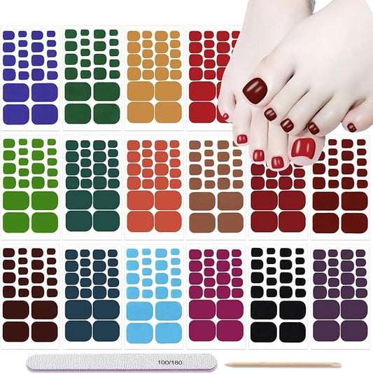 DANNEASY 16 Sheets Toe Nail Stickers Full Nail Wraps for Women Solid Color Toenail Polish Strips Self Adhesive Toes Nail Polish Stickers Gel Strips Nails Manicure Sticker with File, Cuticle Stick