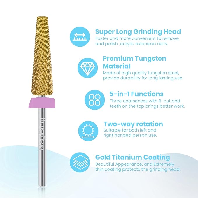 24mm Super Long 5 in 1 Nail Drill Bits, Professional 3/32'' Tungsten Carbide Bits, Fast Gel Removal for Long Acrylic Nails, Left Right Hand Use, Manicure Cuticle Hard Gel Polishing, Double Fine.