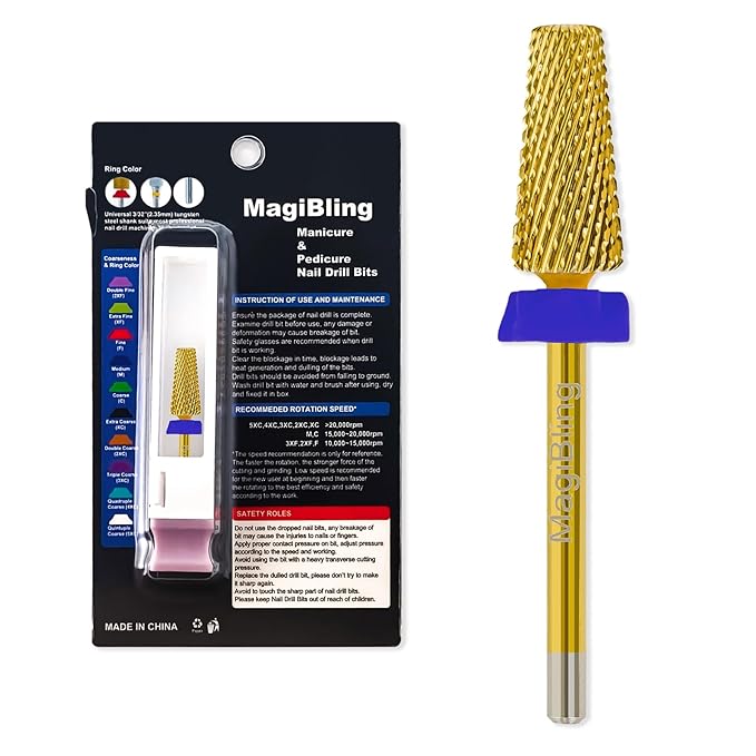 Professional 5 in 1 Tapered Nail Drill Bits, 3/32'' Safety Tungsten Carbide Bits, Remove Gel Fast Left & Right Hand Use, Easy for Beginner, Technicians Bits, Gold, Medium.