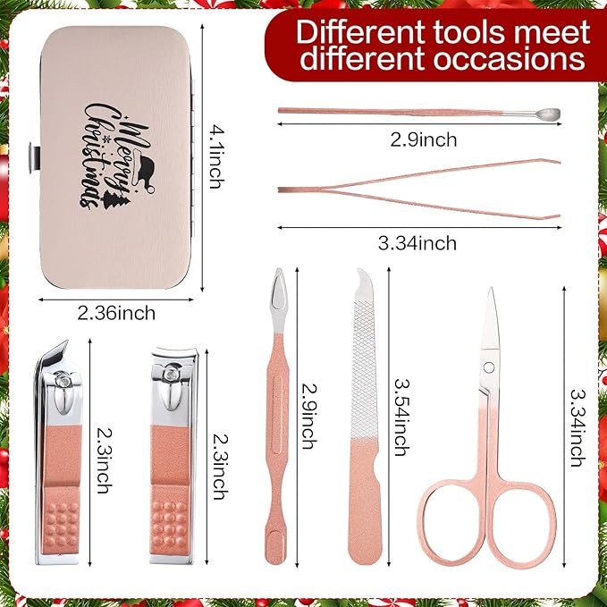 12 Set Christmas Manicure Set Bulk Christmas Stocking Stuffers Women Nail Clippers Pedicure Kit 7 In1 Travel Stainless Steel Grooming Kits Funny Xmas Gifts for Employees Office Coworkers