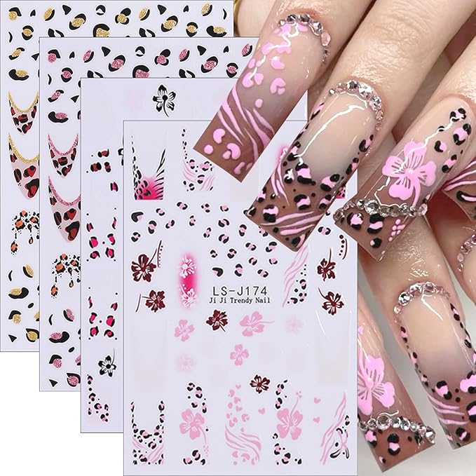 4Sheets Leopard Print French Tip Nail Art Stickers 3D Hibiscus Flower Nail Decals Self-Adhesive Leopard Print Nail Stickers with Glitter Design Lips Heart Sticker for Women Nails Decor