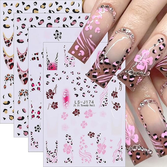 4Sheets Leopard Print French Tip Nail Art Stickers 3D Hibiscus Flower Nail Decals Self-Adhesive Leopard Print Nail Stickers with Glitter Design Lips Heart Sticker for Women Nails Decor