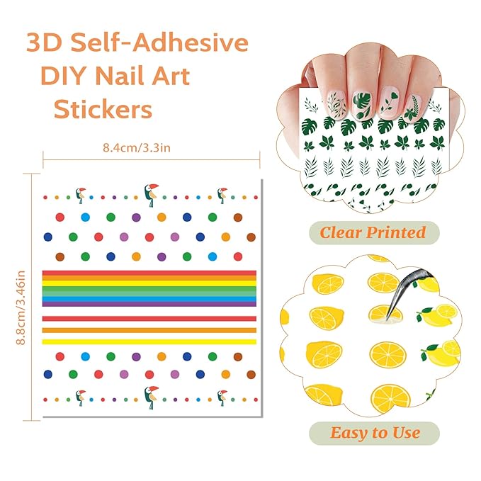 24 Sheets Nail Stickers for Girls Women and Kids, Nail Art Stickers Bunny Penguin Duck Flower Heart Star Rainbow Cloud Snow Lucky Clover Maple Watermelon Fruit for Nail Art Decoration with Tweezers