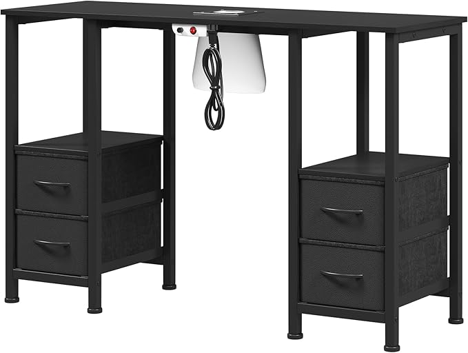 Manicure Table for Nail Tech, Nail Tech Table Station w/4 Storage Drawers & 2 Open Shelves, Nail Table w/Dust Collector for Beauty Salon Tech Station (Black PU)