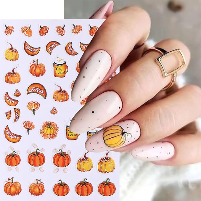 6 Sheets Fall Nail Stickers for Nail Art Pumpkin Maple Leaf Nail Decals 3D Self-Adhesive Thanksgiving Flower Leaves Design Nail Stickers Holiday Nail Art Supplies for Women Autumn Nail Art Decoration