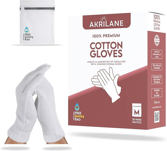 M Medium 20 Pairs 100% Premium Cotton Gloves for Dry Hands | Moisturizing Overnight Gloves for Eczema, Psoriasis & Skin Spa Treatment for Women & Men | Washable & Reusable with Free Laundry Bag