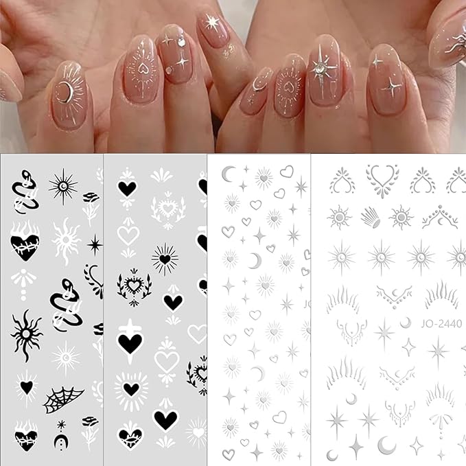 8 Sheets Laser Sliver Sun Moon Star Nail Art Stickers 3D Self-Adhesive Silver Stars Heart Nail Stickers Silver Metallic Hollow Heart Moon Star Design Nail Decals for Women Girls Nail Decorations
