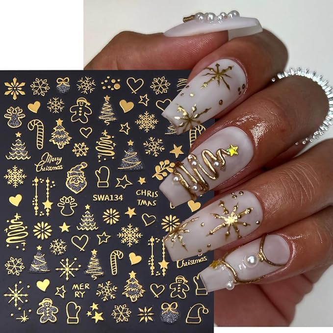 Christmas Nail Art Stickers Decals Winter Snowflake Tree Christmas Nail Stickers 6PCS Gold Silver Crystal Ball Candy Elk 3D Self-Adhesive Xmas Nail Decals Nail Art Supplies for Women Nail Decorations