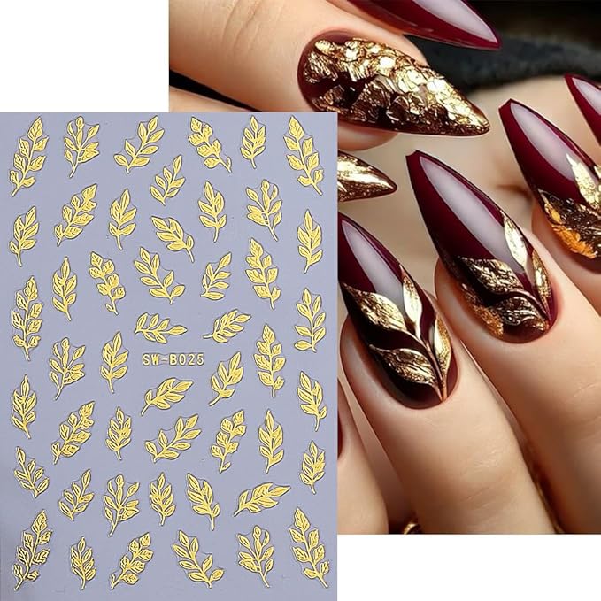 6Pcs Fall Nail Stickers 3D Gold Maple Leaves Nail Decals DIY Self Adhesive Autumn Gold Glitter Leaves Design Thanksgiving Nail Decoration Supplies Holiday Manicure Accessories for Women Girls