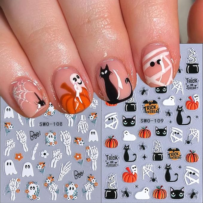 4 Sheets Halloween Nail Art Stickers Decals Cute Cat Ghost Nail Decals 3D Self-Adhesive Pumpkin Spider Web Skeleton Flower Nails Stickers Halloween Nails Supplies for Women Manicure Decor