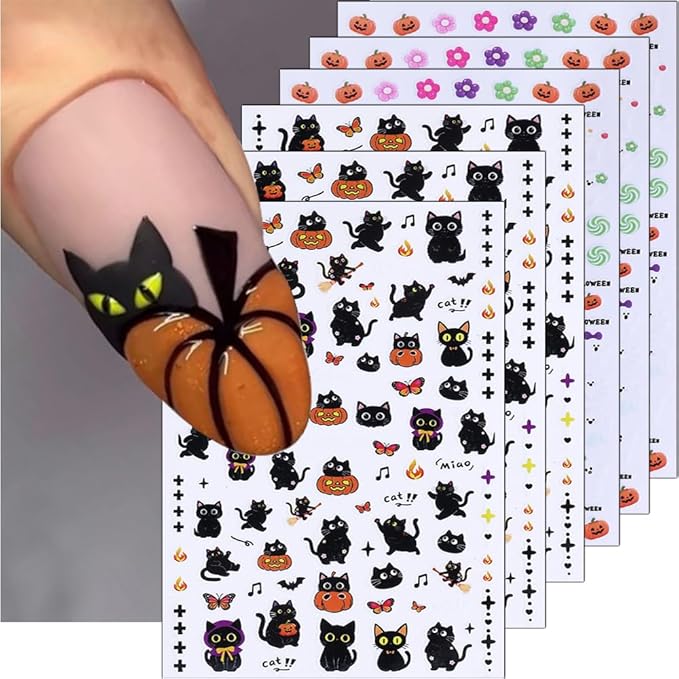 6Pcs Halloween Nail Stickers Cat Ghost Nail Decals DIY Self Adhesive Cute Cartoon Pumpkin Flower Butterfly Nail Design Supplies Halloween Nail Decoration for Women Girls Holiday Manicure Accessories